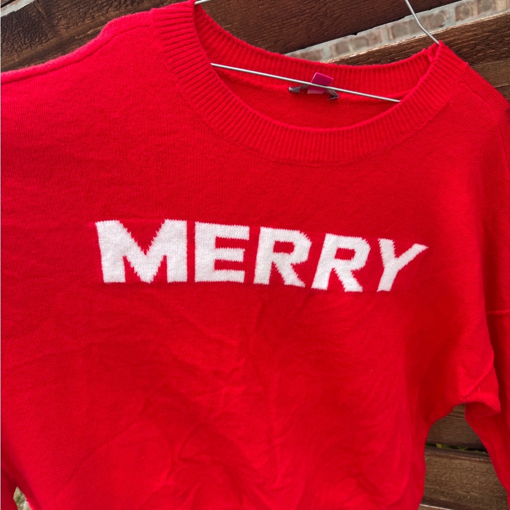 Vince Camuto Red Crewneck Sweater with White MERRY Knit